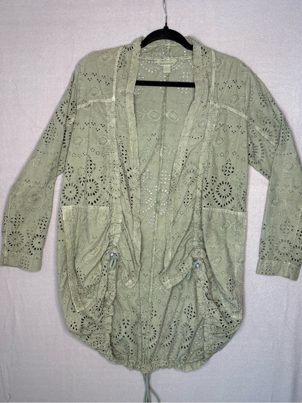 Sundance Embroidered Eyelet Open Front Jacket Sage Green Boho Petite S